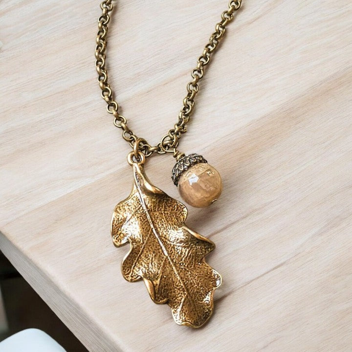 Moonstone Acorn Oak Leaf Necklace, Antique Bronze