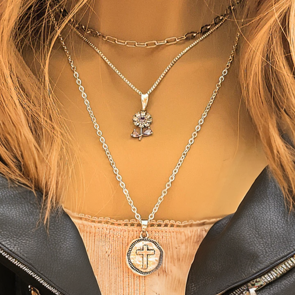 CZ Flower/Dragonfly Cross Layered Necklace Set