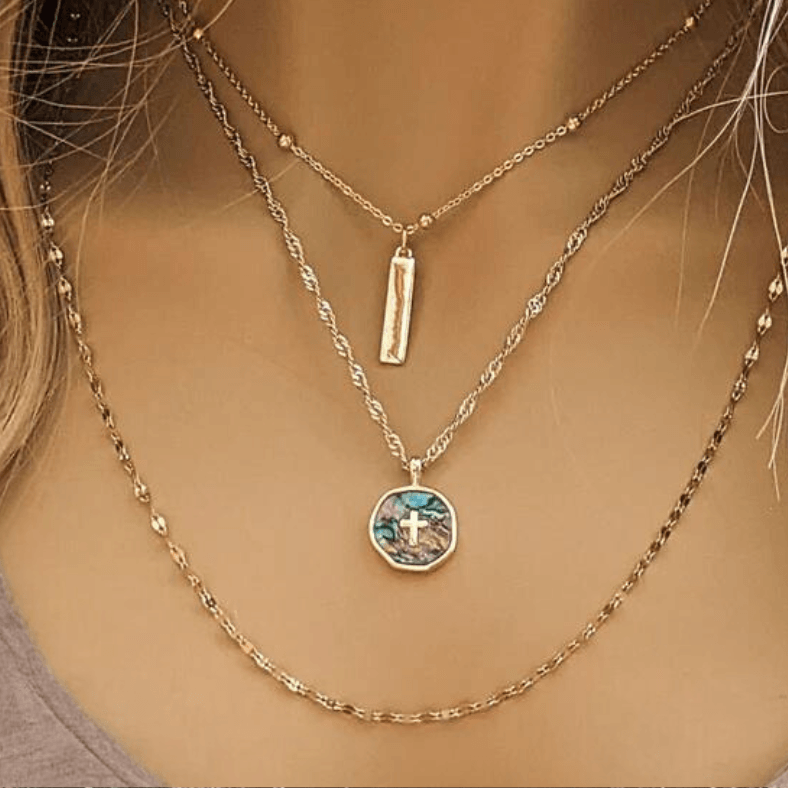 Gold Abalone Cross Bar/Dragonfly Layered Necklace Set