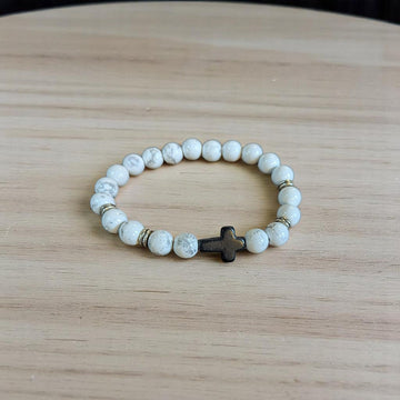 White Gray Beaded Cross Stretch Bracelet-UNISEX