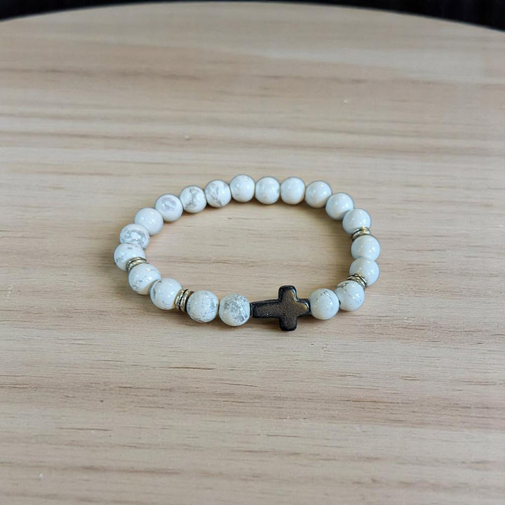 White Gray Beaded Cross Stretch Bracelet-UNISEX