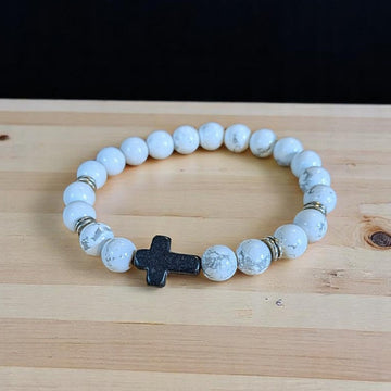 White Gray Beaded Cross Stretch Bracelet-UNISEX