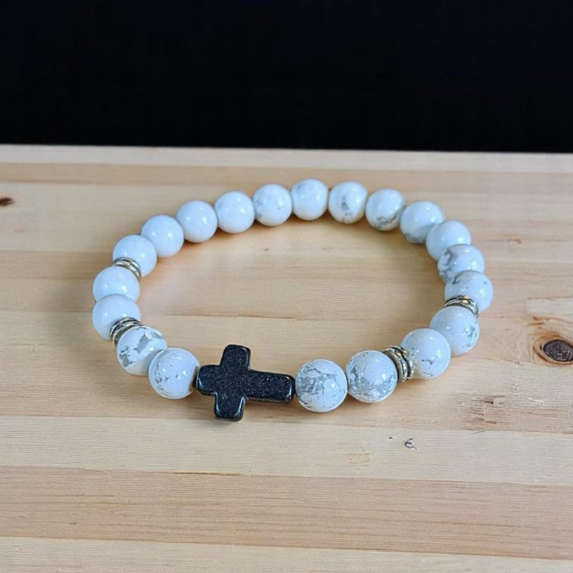 White Gray Beaded Cross Stretch Bracelet-UNISEX