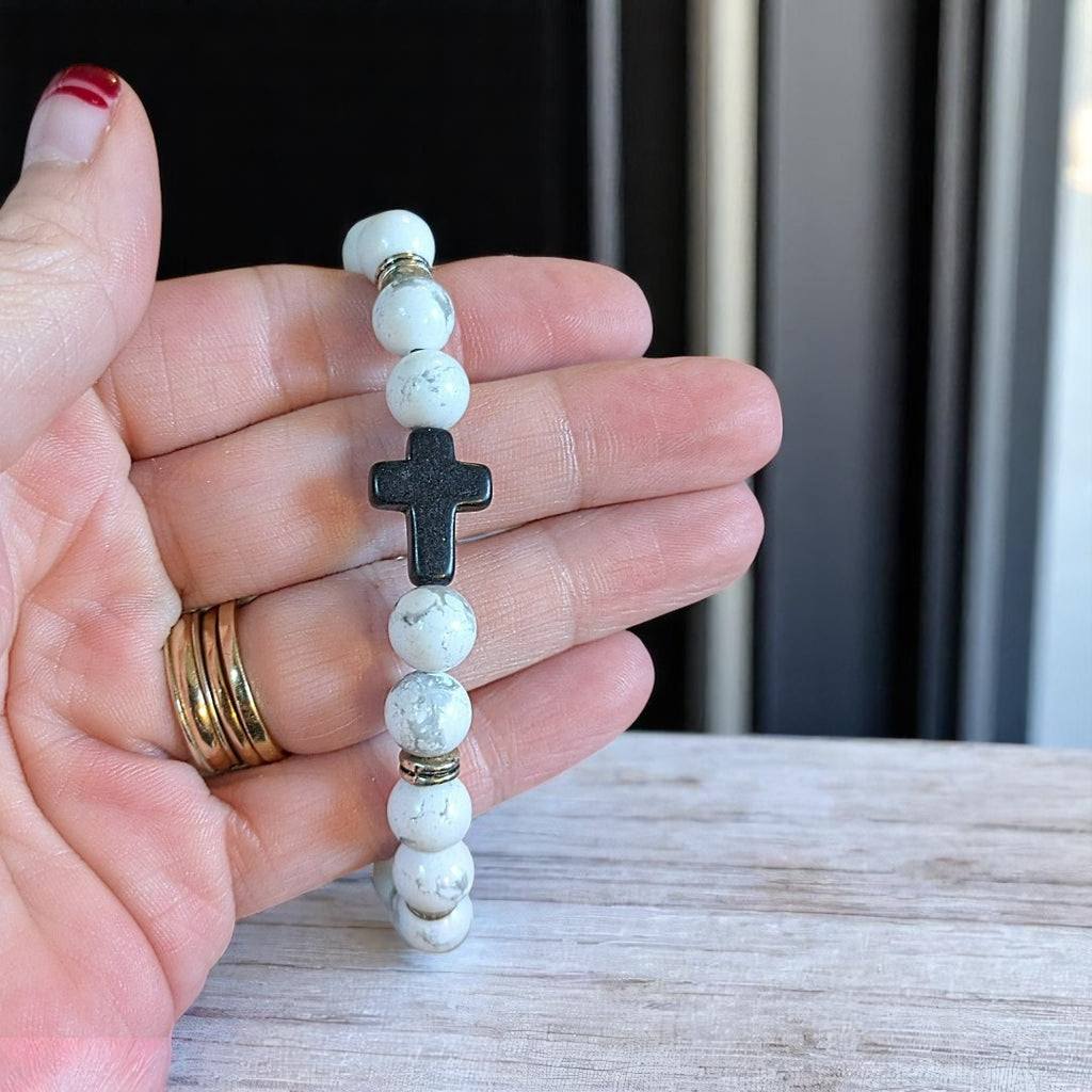 White Gray Beaded Cross Stretch Bracelet-UNISEX