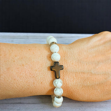 White Gray Beaded Cross Stretch Bracelet-UNISEX