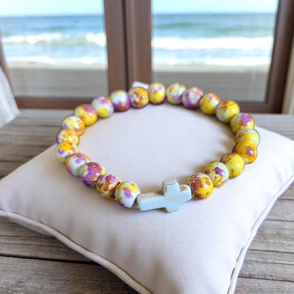 Yellow Fuchsia Beaded Cross Stretch bracelet