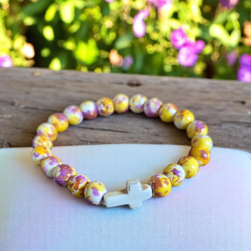 Yellow Fuchsia Beaded Cross Stretch bracelet