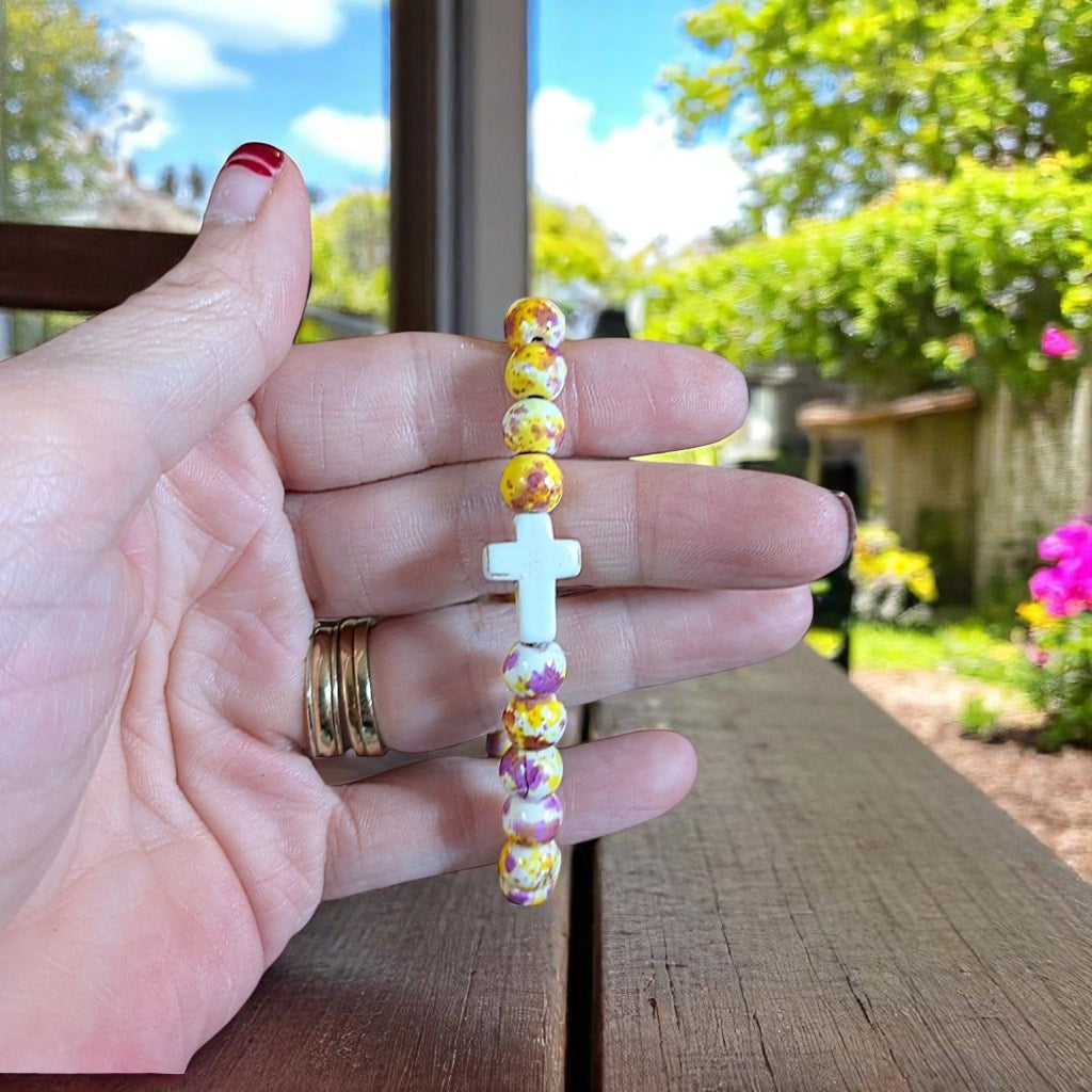 Yellow Fuchsia Beaded Cross Stretch bracelet