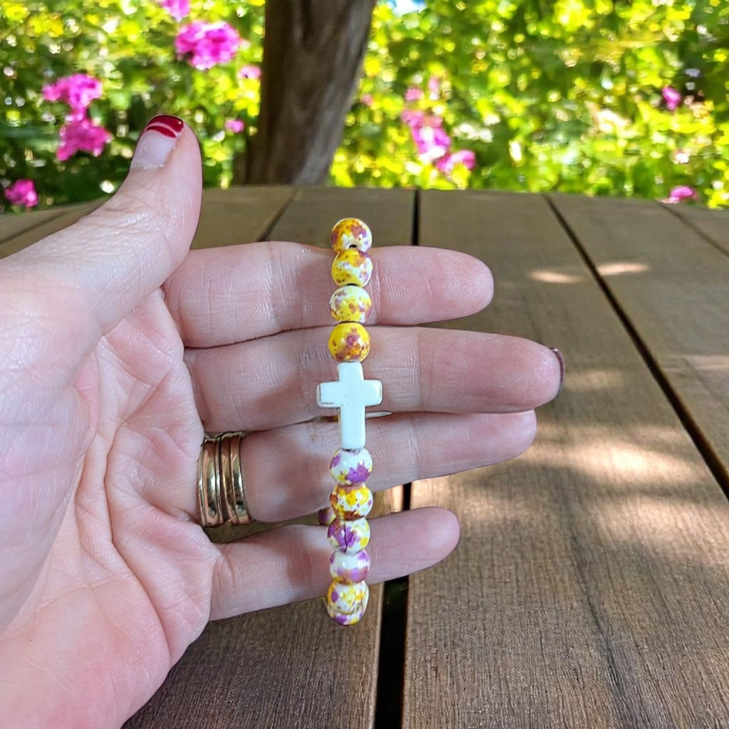 Yellow Fuchsia Beaded Cross Stretch bracelet