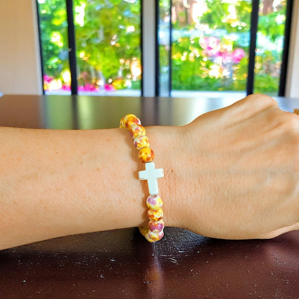 Yellow Fuchsia Beaded Cross Stretch bracelet