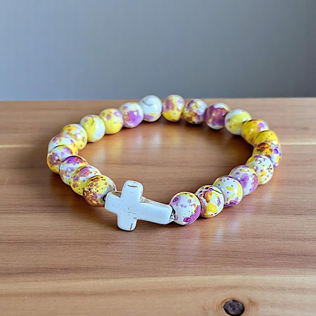 Yellow Fuchsia Beaded Cross Stretch bracelet