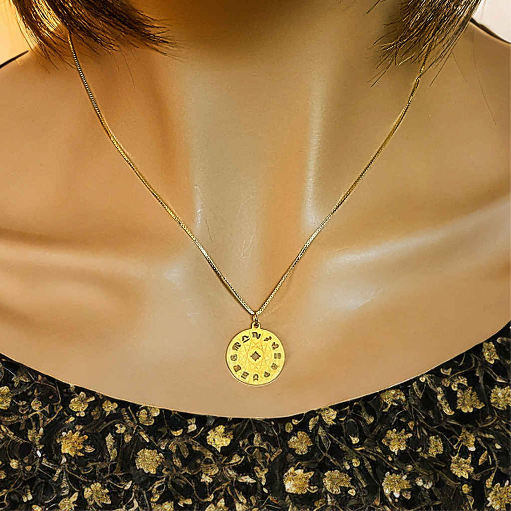 Gold Zodiac Wheel Chart necklace, adjustable up to 24 inches