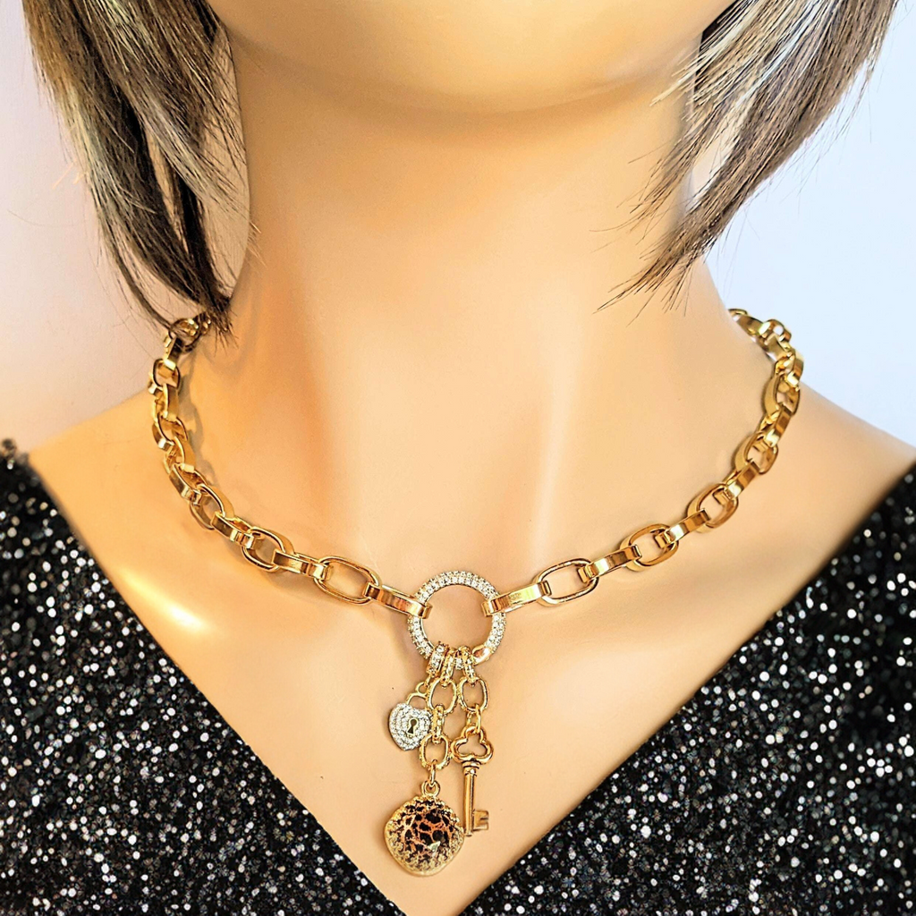Leopard Print Crystal Gold charm lariat necklace - 20 inch