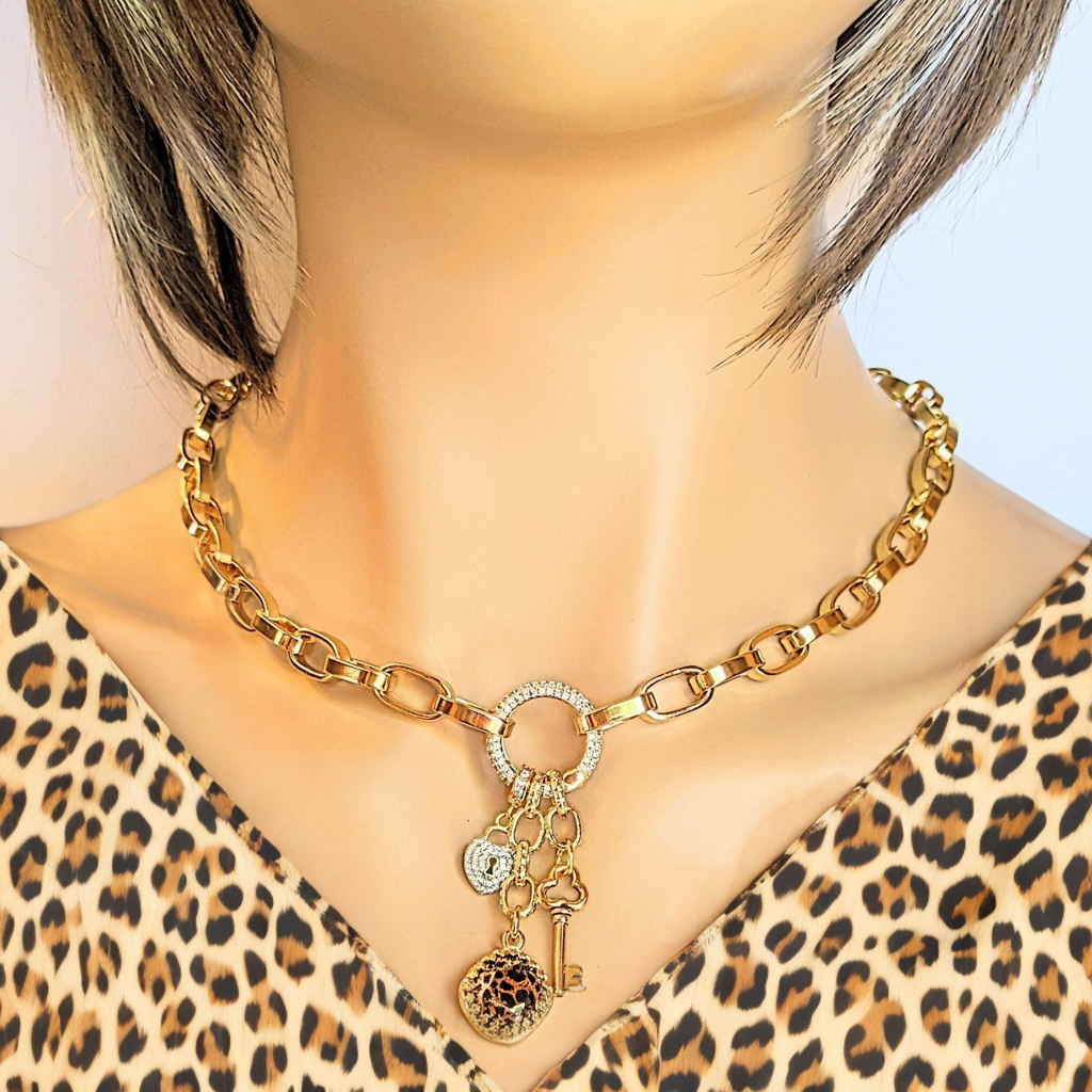 Leopard Print Crystal Gold charm lariat necklace - 20 inch