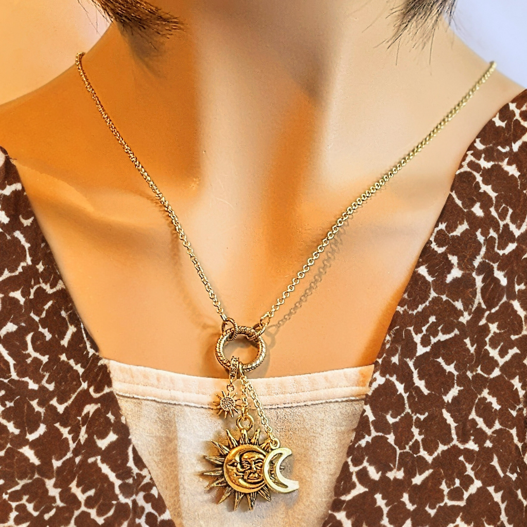Gold Celestial Sun Moon charm cluster lariat necklace, 18 - 24 inches
