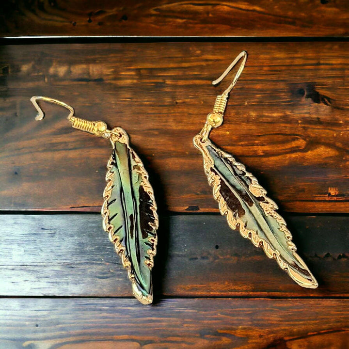 Abalone Feather Gold dangle earrings