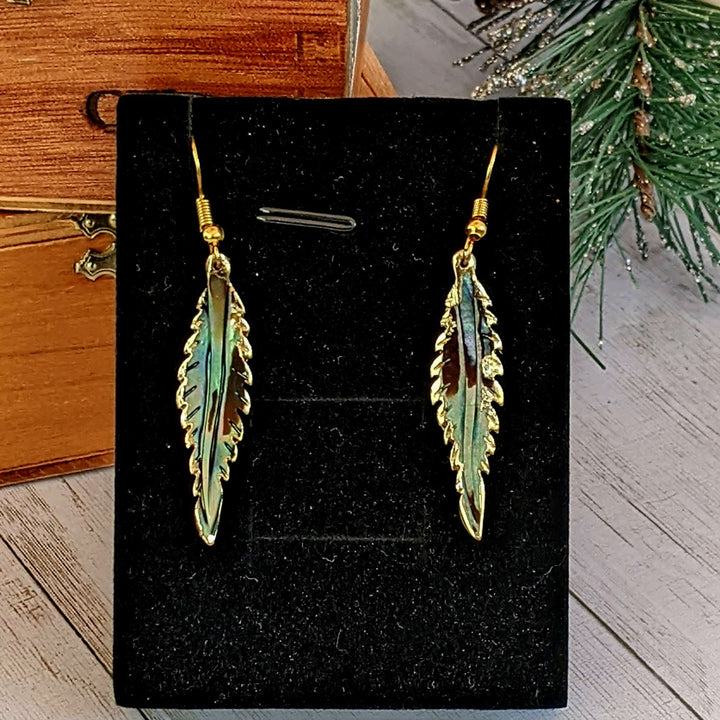 Abalone Feather Gold dangle earrings