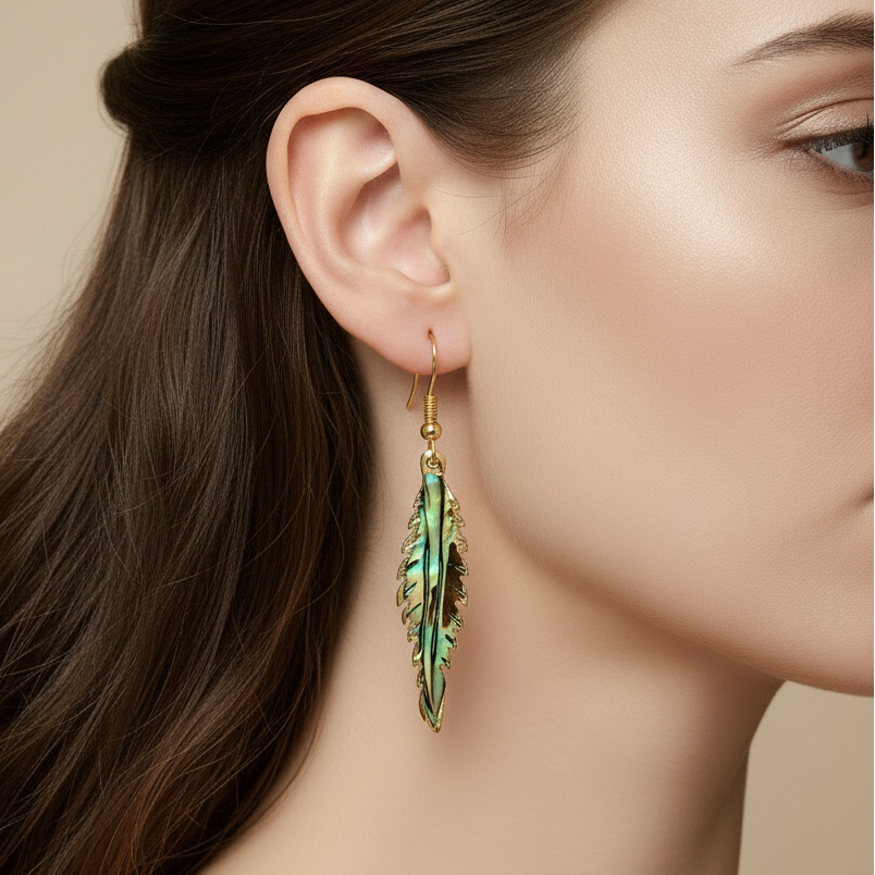 Abalone Feather Gold dangle earrings