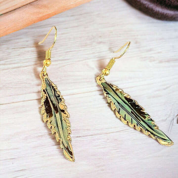 Abalone Feather Gold dangle earrings