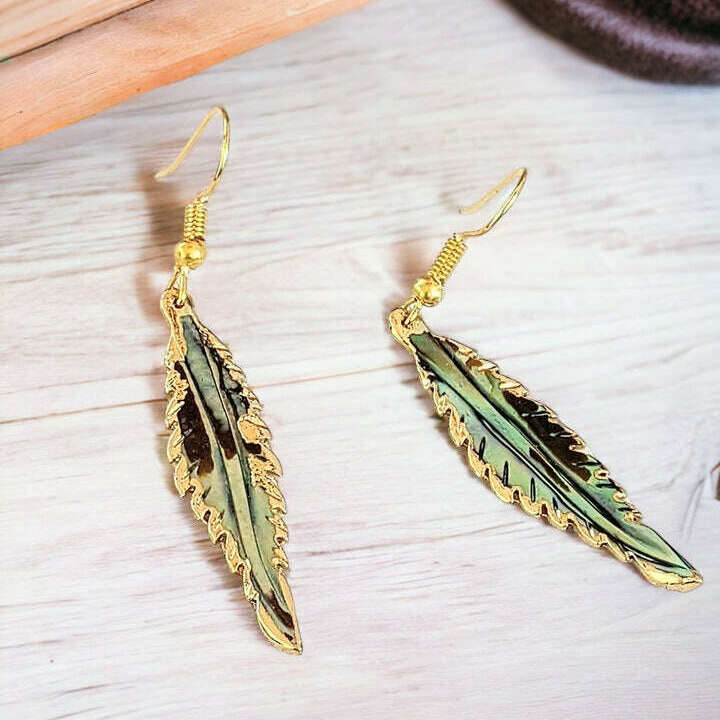 Abalone Feather Gold dangle earrings