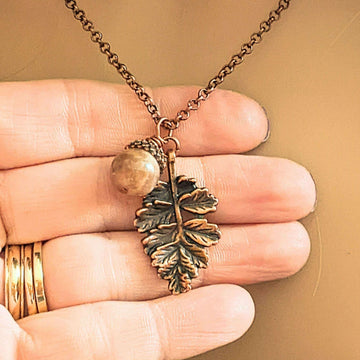 Acorn Oak Leaf Necklace, Antique Copper