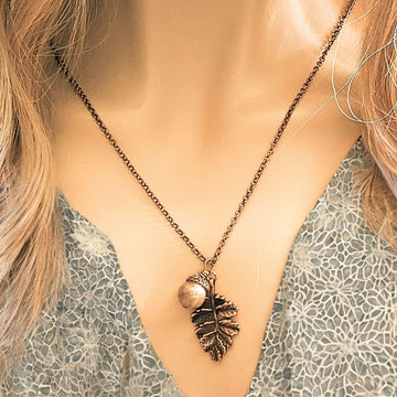 Acorn Oak Leaf Necklace, Antique Copper