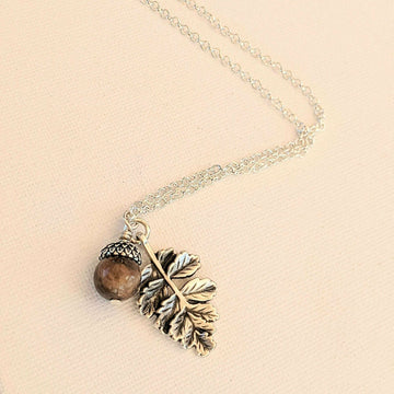 Acorn Oak Leaf Necklace, Silver