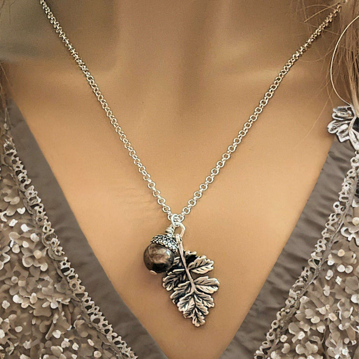 Acorn Oak Leaf Necklace, Silver