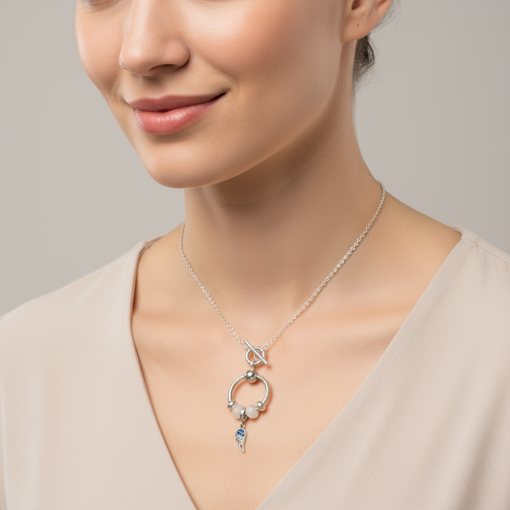 Angel Wing Sterling Silver Toggle Charm Necklace, 20 inches