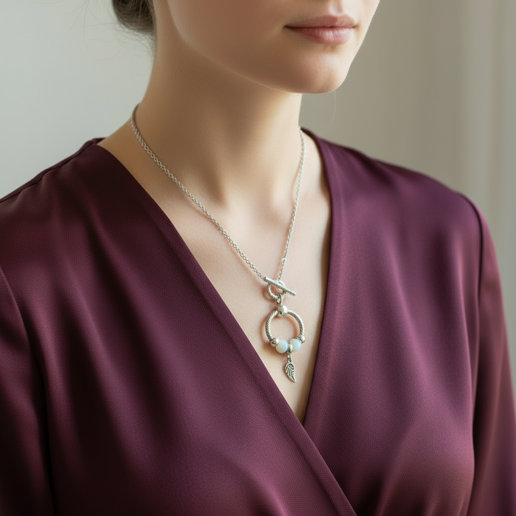 Angel Wing Sterling Silver Toggle Charm Necklace, 20 inches