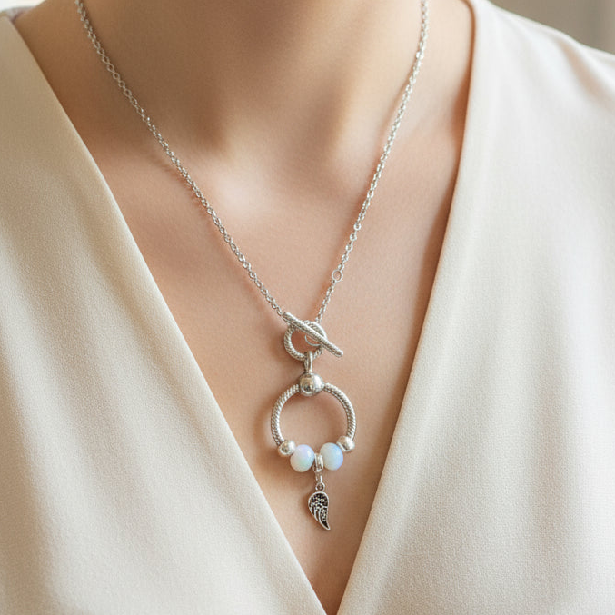 Angel Wing Sterling Silver Toggle Charm Necklace, 20 inches