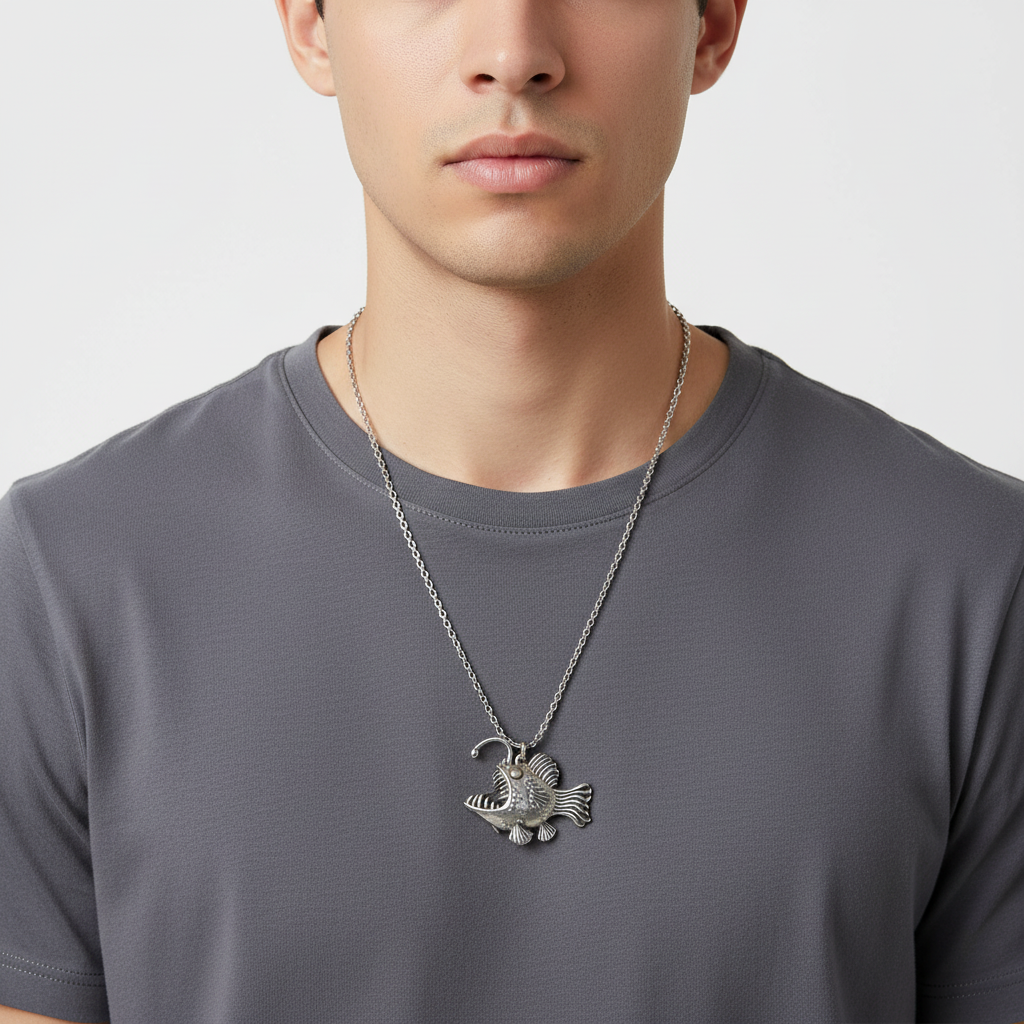 Anglerfish Stainless Steel pendant necklace, 22 inches