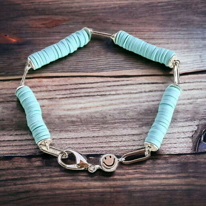 Aqua Blue Smiley Stainless Steel Paperclip Chain Bracelet