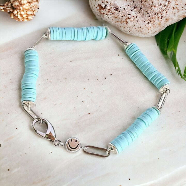 Aqua Blue Smiley Stainless Steel Paperclip Chain Bracelet