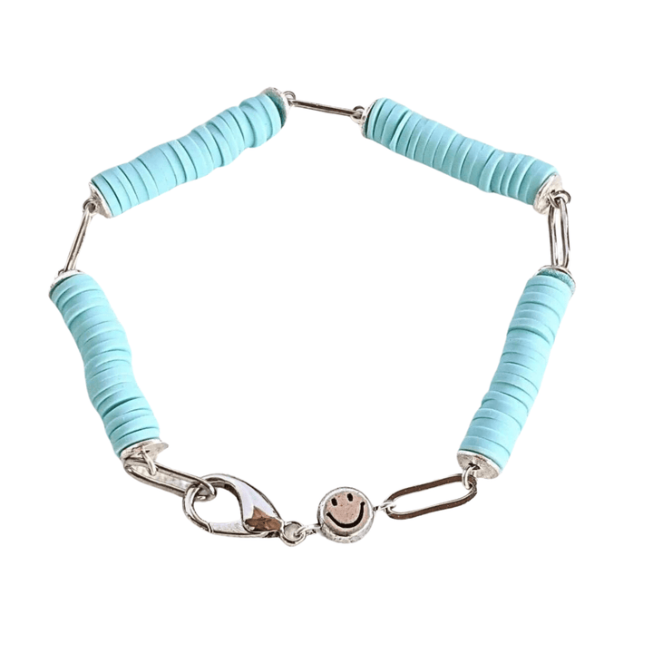 Aqua Blue Smiley Stainless Steel Paperclip Chain Bracelet