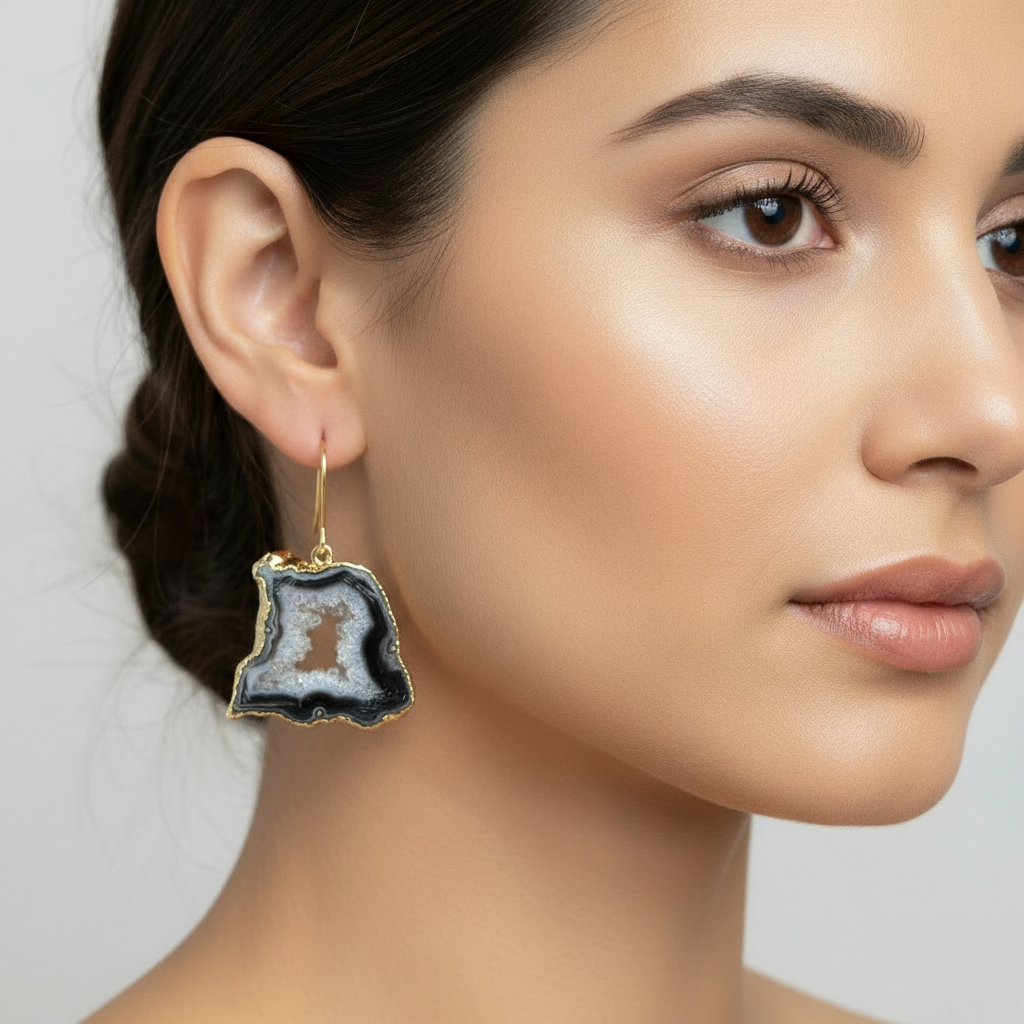 Black Agate Geode Slice Earrings-Gold