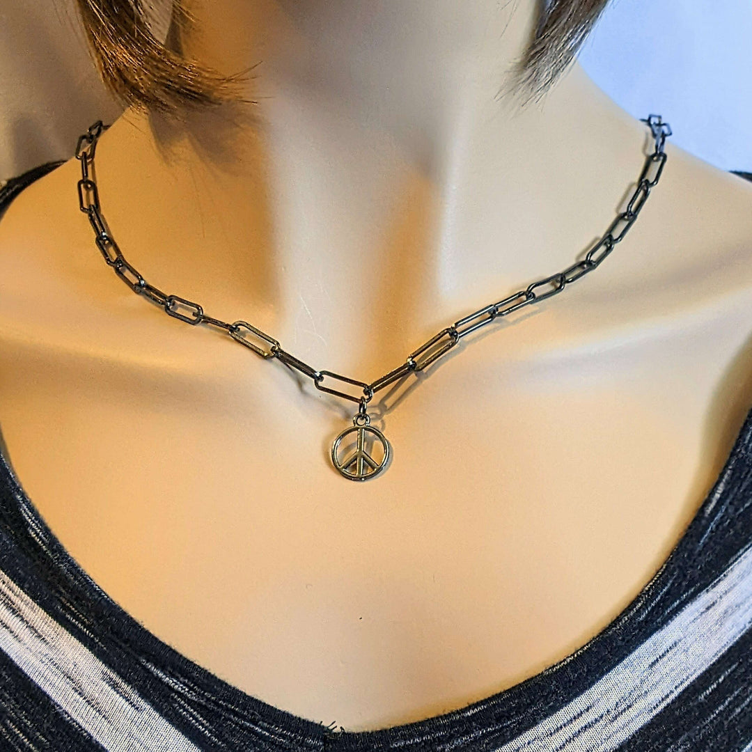 Black Gunmetal Peace Sign charm necklace, up to 24 inch - Unisex
