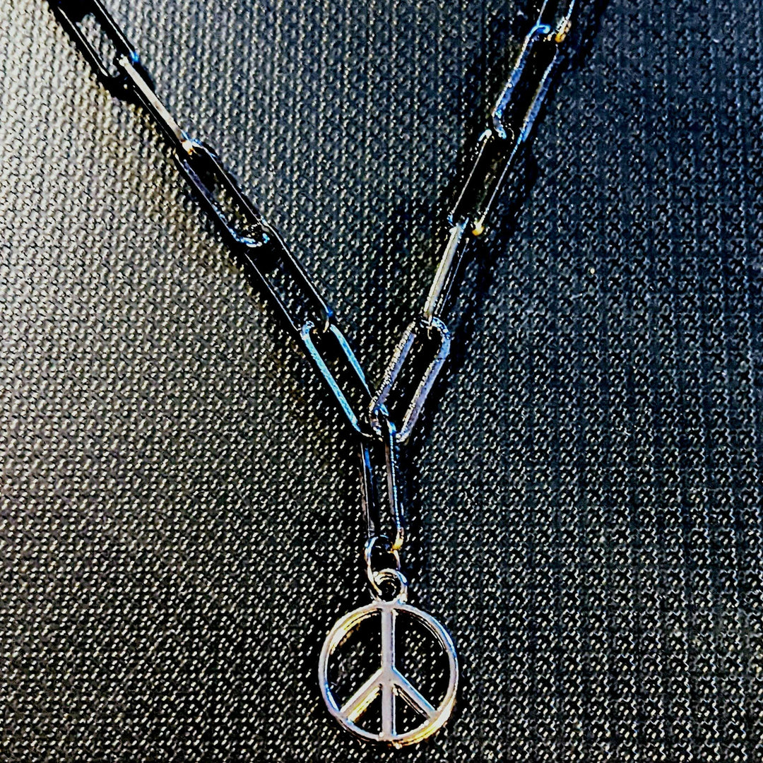 Black Gunmetal Peace Sign charm necklace, up to 24 inch - Unisex