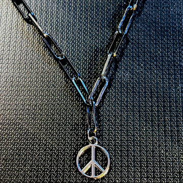 Black Gunmetal Peace Sign charm necklace, up to 24 inch - Unisex