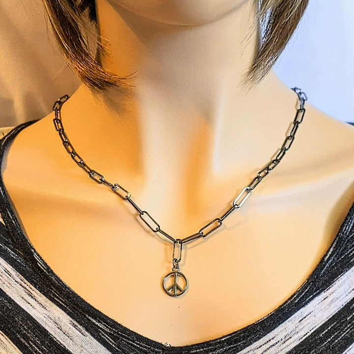 Black Gunmetal Peace Sign charm necklace, up to 24 inch - Unisex