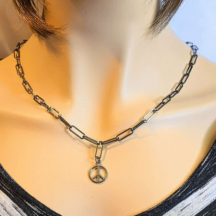 Black Gunmetal Peace Sign charm necklace, up to 24 inch - Unisex