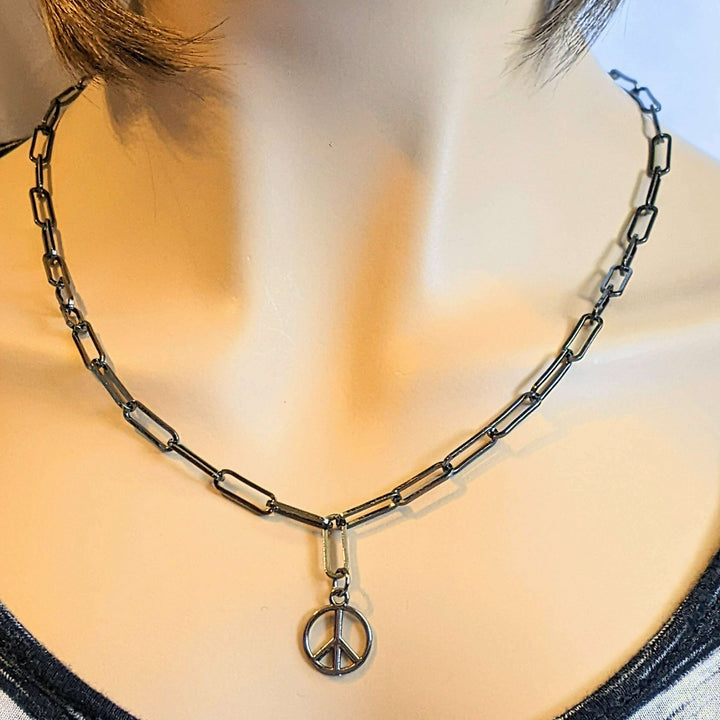 Black Gunmetal Peace Sign charm necklace, up to 24 inch - Unisex