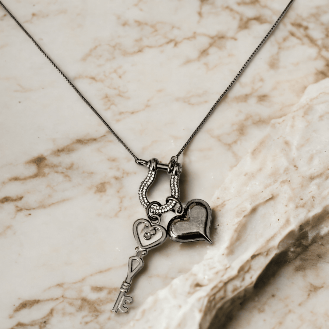 Black Heart Key Charm Necklace, adjustable up to 24 inches