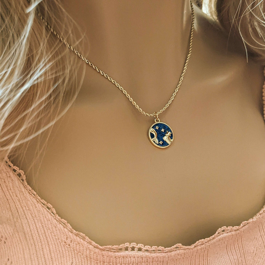 Blue Enamel Zodiac Pendant Necklace - 20 inches