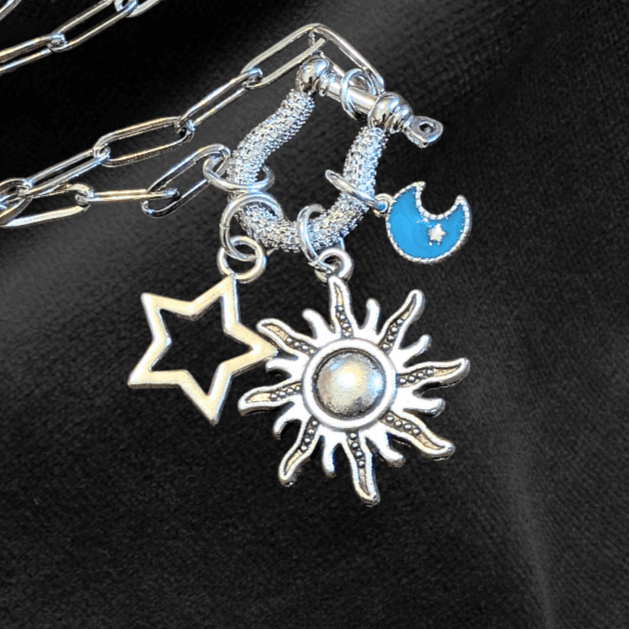Fiery Sun, Blue Moon and Star Carabiner Necklace, Silver - 20 inch