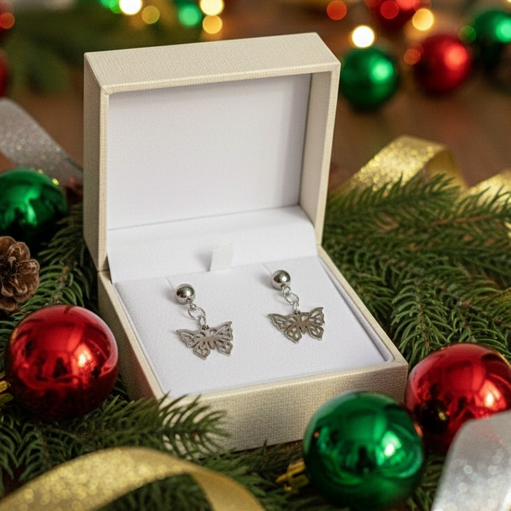 Butterfly Charm Drop Stud Earrings-Silver