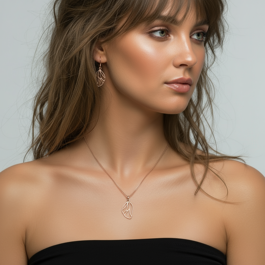 Butterfly/Fairy Wing Rose Gold necklace/earrings set, 18 inch