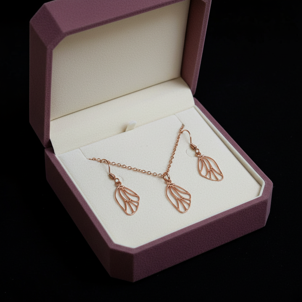 Butterfly/Fairy Wing Rose Gold necklace/earrings set, 18 inch