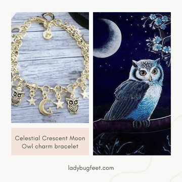 Celestial Crescent Moon and Owl charm bracelet