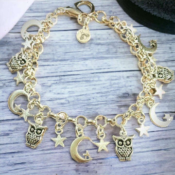 Celestial Crescent Moon and Owl charm bracelet